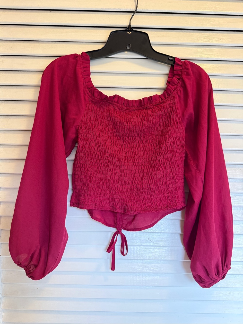 SHEIN Magenta Off Shoulder Smocked Long-Sleeve Pheasant Crop Top with Tie